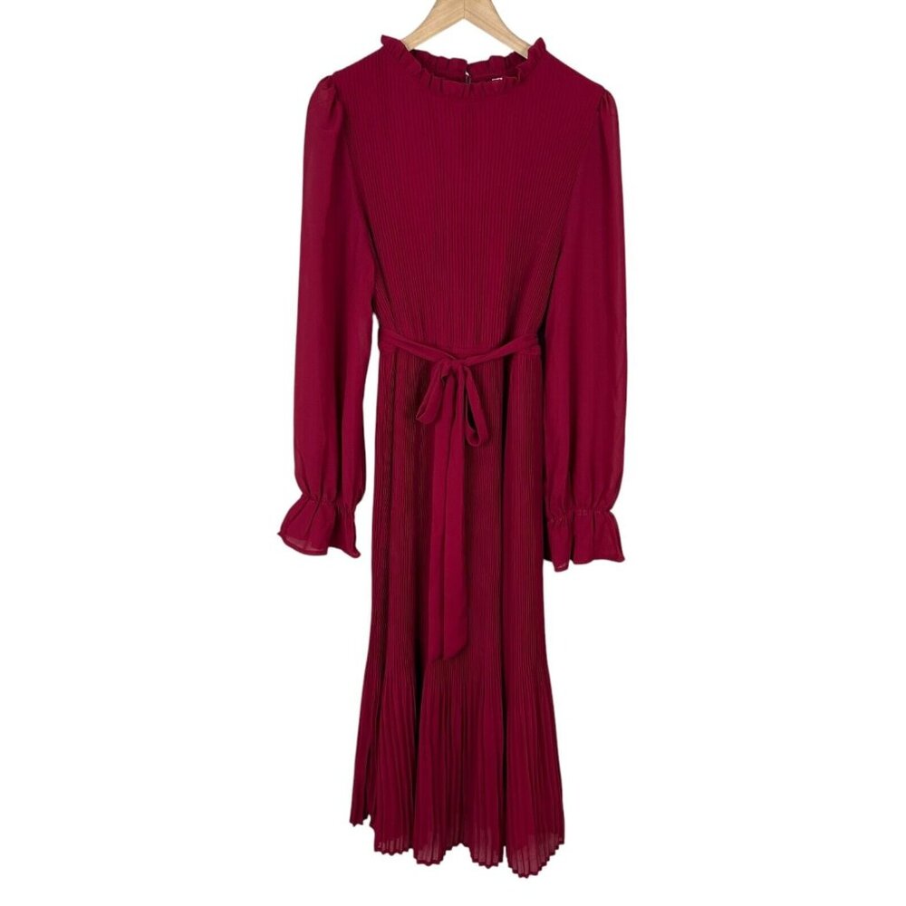 Anrabees Midi Dress XL Maroon Pleated Long Puff Sleeve Ruffle A-line Chiffon NEW